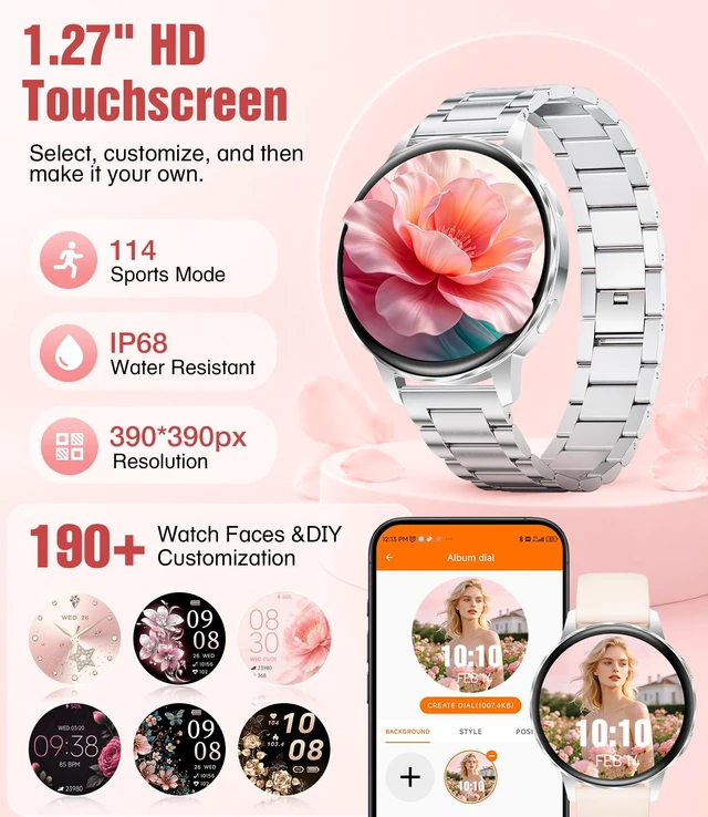Alt view image 2 of 7 - 1.27" Smart Watch for Women,Smart Watch for Android/iOS with Bluetooth Call,Heart Rate/Calories/SpO2/Blood Pressure Monitor,100+ Sports Modes,Mutifuction Fitness Tracker Watch 2 Straps(Silver)