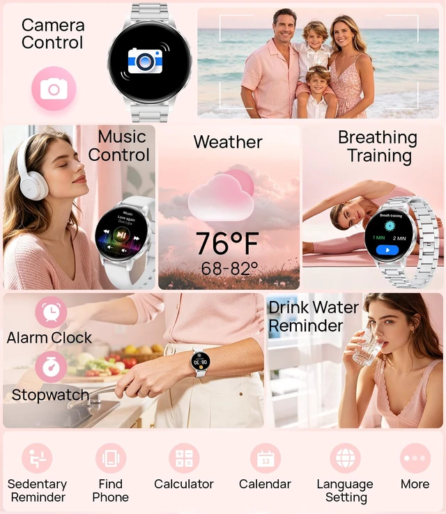 Alt view image 7 of 7 - 1.27" Smart Watch for Women,Smart Watch for Android/iOS with Bluetooth Call,Heart Rate/Calories/SpO2/Blood Pressure Monitor,100+ Sports Modes,Mutifuction Fitness Tracker Watch 2 Straps(Silver)