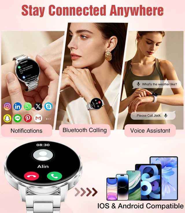 Alt view image 3 of 7 - 1.27" Smart Watch for Women,Smart Watch for Android/iOS with Bluetooth Call,Heart Rate/Calories/SpO2/Blood Pressure Monitor,100+ Sports Modes,Mutifuction Fitness Tracker Watch 2 Straps(Silver)