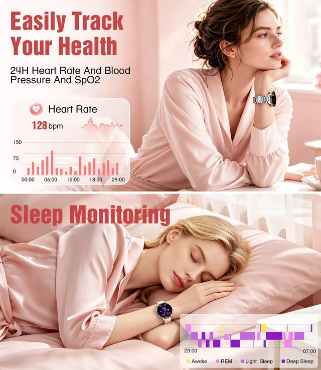Alt view image 5 of 7 - 1.27" Smart Watch for Women,Smart Watch for Android/iOS with Bluetooth Call,Heart Rate/Calories/SpO2/Blood Pressure Monitor,100+ Sports Modes,Mutifuction Fitness Tracker Watch 2 Straps(Silver)