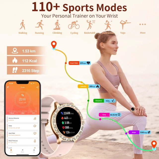 Alt view image 6 of 7 - Smart Watches for Women(Make/Answer Call) with Diamond:1.32" Fitness Tracker Watch for HR/Blood Pressure/SpO2/Sleep Monitor,Digital Running Watches for Women Android/iOS,3 Strips