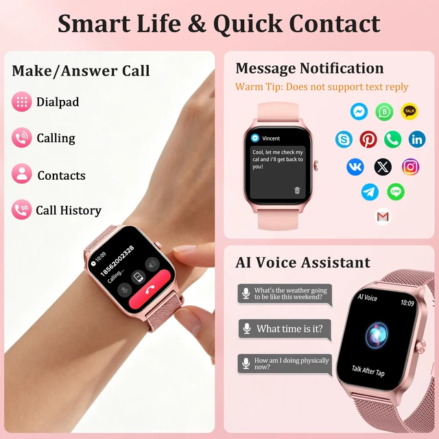 Alt view image 4 of 7 - Smart Watch Women Men, 1.85" Reloj Inteligente para mujer hombre, Make/ Answer Call, Health Monitor/Blood Pressure, 110+ Sports Modes, Voice Control, IP68 Waterproof Compatible with Android & iPhone