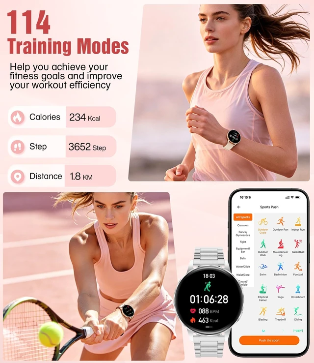 Alt view image 4 of 7 - 1.27" Smart Watch for Women,Smart Watch for Android/iOS with Bluetooth Call,Heart Rate/Calories/SpO2/Blood Pressure Monitor,100+ Sports Modes,Mutifuction Fitness Tracker Watch 2 Straps(Silver)