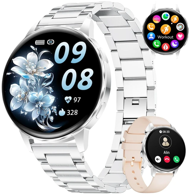 Main image of 1.27" Smart Watch for Women,Smart Watch for Android/iOS with Bluetooth Call,Heart Rate/Calories/SpO2/Blood Pressure Monitor,100+ Sports Modes,Mutifuction Fitness Tracker Watch 2 Straps(Silver)
