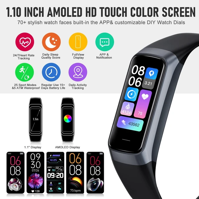 Alt view image 2 of 6 - Fitness Tracker, Activity Trackers with 24/7 Heart Rate Blood Pressure Sleep Monitor, 1.10" AMOLED Touch Screen Step Counter, Waterproof Smart Watch Health Pedometer for Women Men
