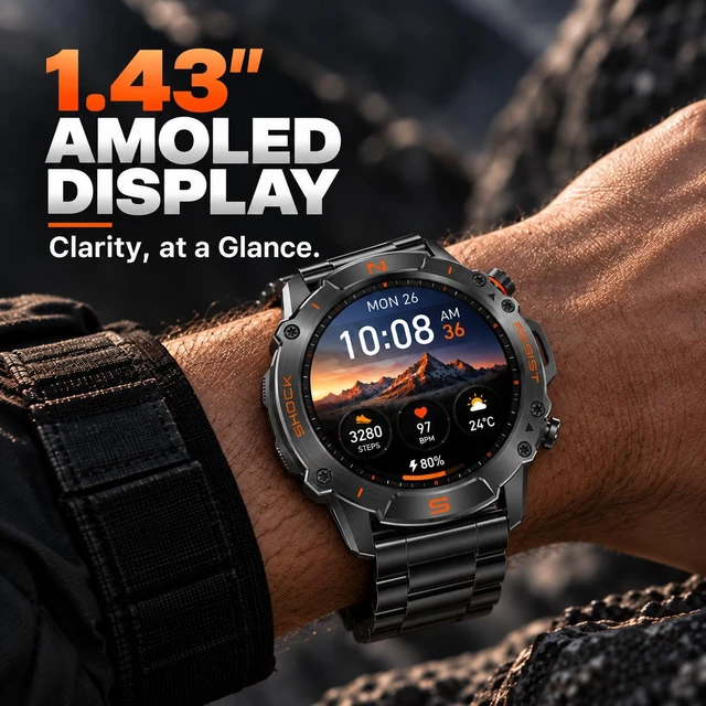 Alt view image 2 of 7 - Rugged Smart Watch for Men, 1.43" AMOLED 5ATM Waterproof, 2 Bands | Bluetooth Calling, Fitness Tracker, 15-Day Battery, 178+ Sports Modes, Heart Rate, Sleep & SpO2 Monitor, For Android & iPhone