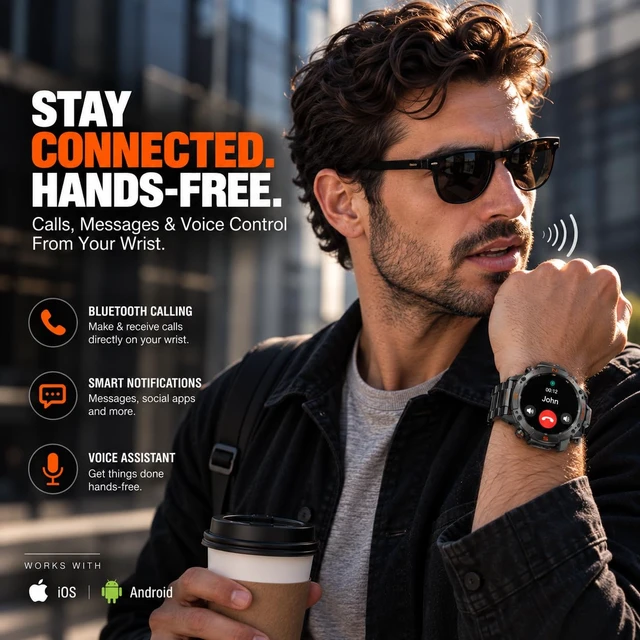 Alt view image 5 of 7 - Rugged Smart Watch for Men, 1.43" AMOLED 5ATM Waterproof, 2 Bands | Bluetooth Calling, Fitness Tracker, 15-Day Battery, 178+ Sports Modes, Heart Rate, Sleep & SpO2 Monitor, For Android & iPhone