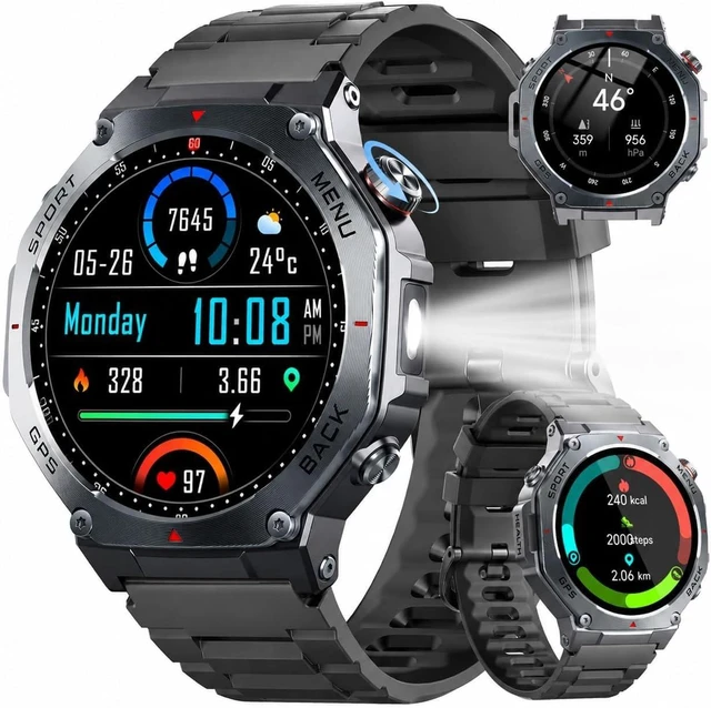 Main image of Military Smart Watch for Men Built-in GPS with LED Flashlight-Black | 1.43" AMOLED Display, 5ATM Waterproof, Compass, Fitness Tracker, Heart Rate/Sleep/Blood Oxygen, Watches for Android/iPhone