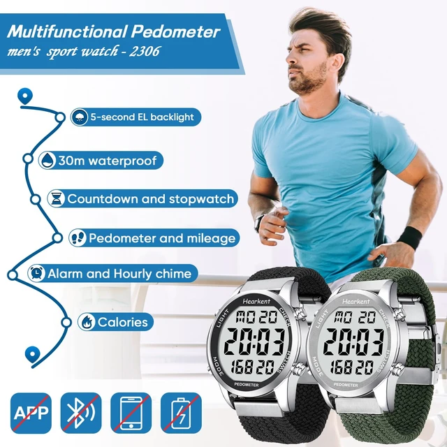 Alt view image 3 of 7 - Men's Pedometer Watch,Step,Mileage&Calorie Tracker,Large Numbers | Waterproof Fitness Watches Backlight/Countdown/Stopwatch,No Bluetooth or app,Step Counter for Walking,Running-2306 Black