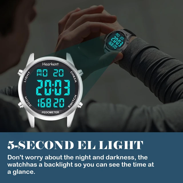 Alt view image 6 of 7 - Men's Pedometer Watch,Step,Mileage&Calorie Tracker,Large Numbers | Waterproof Fitness Watches Backlight/Countdown/Stopwatch,No Bluetooth or app,Step Counter for Walking,Running-2306 Black