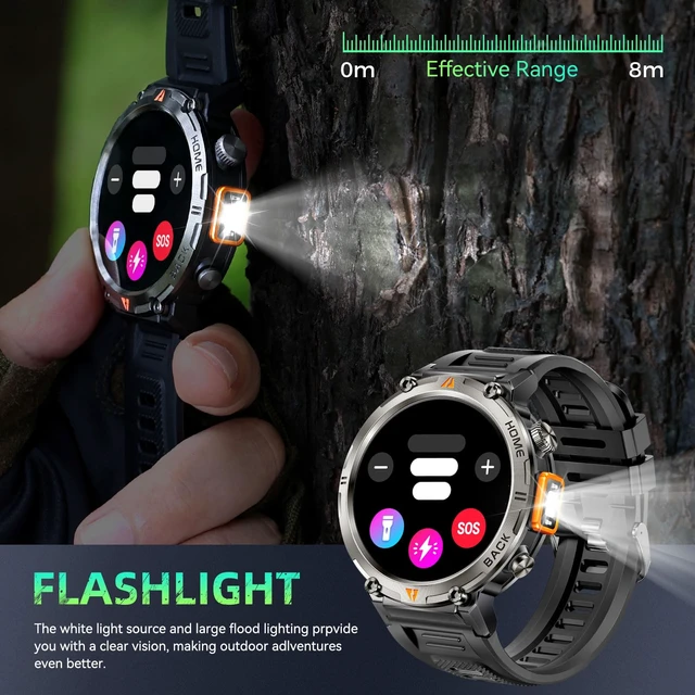 Alt view image 4 of 7 - Military Smart Watches for Men Built-in GPS 3ATM Waterproof LED Flashlight 1.45" Rugged Tactical Smartwatch with Compass110+ Sports Modes Fitness Tracker with HR/SPO2/Sleep Monitor for iPhone Android