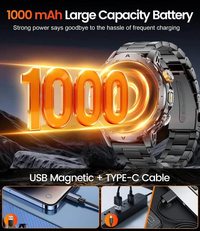 Alt view image 2 of 7 - Military Smart Watch for Men, 1000mAh Battery, LED Flashlight/1.7'' HD Smartwatch, 100 Sports Modes, IP68 Waterproof Fitness Tracker, 3 Bands, USB & Type-C Charger for Android iOS(Black Grey)