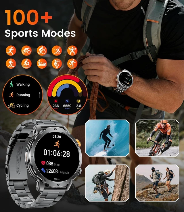 Alt view image 4 of 7 - Military Smart Watch for Men, 1000mAh Battery, LED Flashlight/1.7'' HD Smartwatch, 100 Sports Modes, IP68 Waterproof Fitness Tracker, 3 Bands, USB & Type-C Charger for Android iOS(Black Grey)