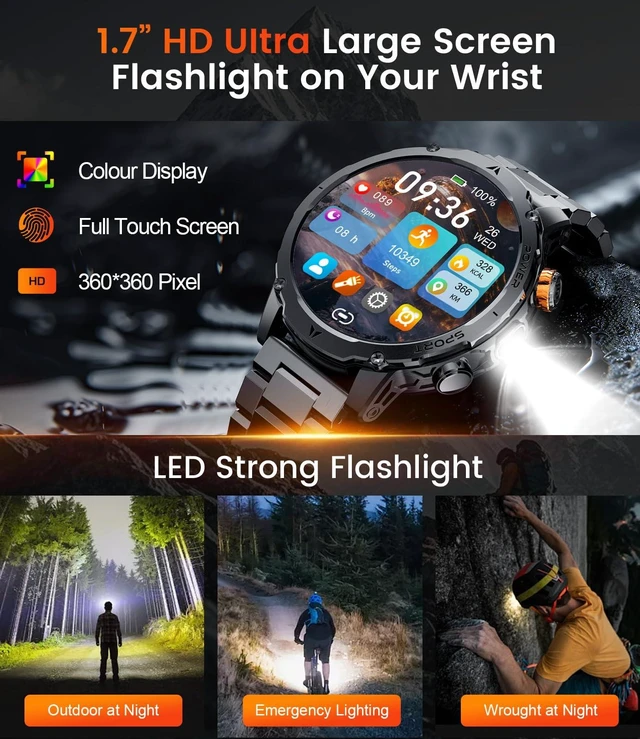 Alt view image 3 of 7 - Military Smart Watch for Men, 1000mAh Battery, LED Flashlight/1.7'' HD Smartwatch, 100 Sports Modes, IP68 Waterproof Fitness Tracker, 3 Bands, USB & Type-C Charger for Android iOS(Black Grey)