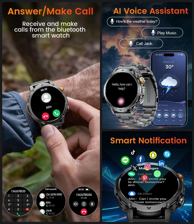 Alt view image 5 of 7 - Military Smart Watch for Men, 1000mAh Battery, LED Flashlight/1.7'' HD Smartwatch, 100 Sports Modes, IP68 Waterproof Fitness Tracker, 3 Bands, USB & Type-C Charger for Android iOS(Black Grey)