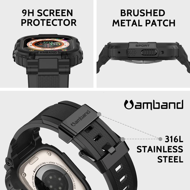 Alt view image 3 of 7 - Bands Case Screen Protector Compatible with Apple Watch Ultra 4/3/2/1 49mm for Men, M1 Sport Rugged Cover Strap and 9H Tempered Glass, Military Protective Bumper for iWatch 49 mm Men Black