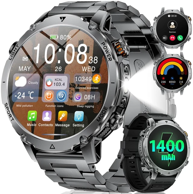 Main image of Military Smart Watch for Men, 1400mAh 60-Days Battery, 1.85" HD Smartwatch with LED Flashlight, 100+ Sports Mode, IP68 Waterproof, Pedometer, Fitness Watch for Android iOS, Black