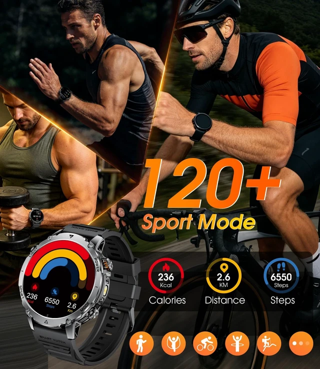 Alt view image 4 of 7 - Military Smart Watch for Men, 1400mAh 60-Days Battery, 1.85" HD Smartwatch with LED Flashlight, 100+ Sports Mode, IP68 Waterproof, Pedometer, Fitness Watch for Android iOS, Black