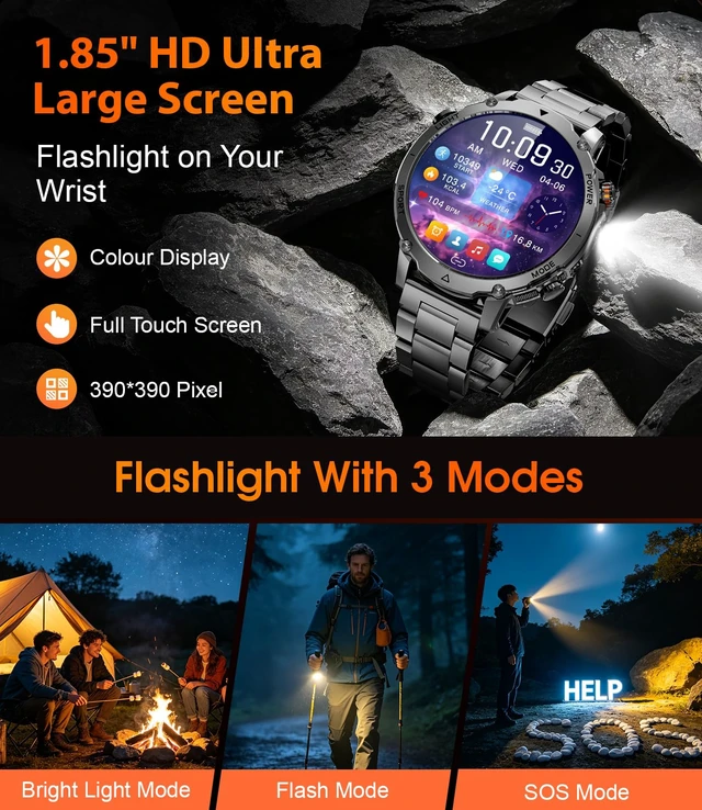 Alt view image 3 of 7 - Military Smart Watch for Men, 1400mAh 60-Days Battery, 1.85" HD Smartwatch with LED Flashlight, 100+ Sports Mode, IP68 Waterproof, Pedometer, Fitness Watch for Android iOS, Black