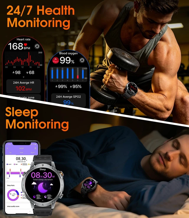 Alt view image 6 of 7 - Military Smart Watch for Men, 1400mAh 60-Days Battery, 1.85" HD Smartwatch with LED Flashlight, 100+ Sports Mode, IP68 Waterproof, Pedometer, Fitness Watch for Android iOS, Black
