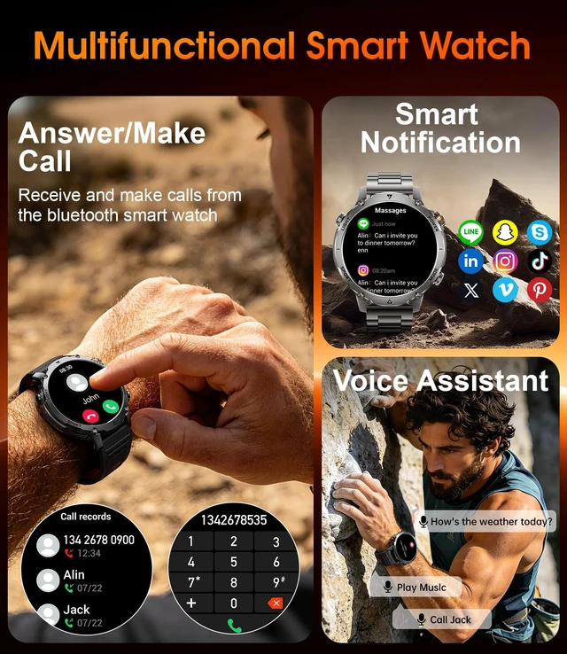 Alt view image 5 of 7 - Military Smart Watch for Men, 1400mAh 60-Days Battery, 1.85" HD Smartwatch with LED Flashlight, 100+ Sports Mode, IP68 Waterproof, Pedometer, Fitness Watch for Android iOS, Black