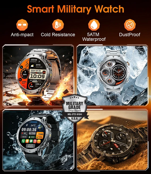 Alt view image 7 of 7 - Military Smart Watch for Men, 1400mAh 60-Days Battery, 1.85" HD Smartwatch with LED Flashlight, 100+ Sports Mode, IP68 Waterproof, Pedometer, Fitness Watch for Android iOS, Black