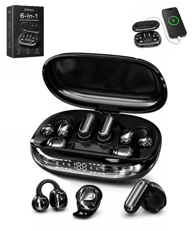 Main image of 6-in-1 Smart Wireless Earbuds Open-Ear Clip-On & Mini Sleep Headphones | Bluetooth 6.0 Dual Chip with Case AI ENC Noise Cancellation 3D Spatial Surround Sound LED Display for Workout Travel(Black)