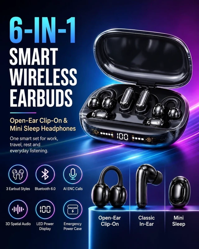 Alt view image 2 of 7 - 6-in-1 Smart Wireless Earbuds Open-Ear Clip-On & Mini Sleep Headphones | Bluetooth 6.0 Dual Chip with Case AI ENC Noise Cancellation 3D Spatial Surround Sound LED Display for Workout Travel(Black)