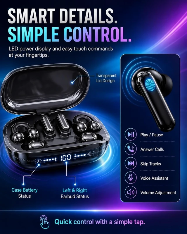 Alt view image 5 of 7 - 6-in-1 Smart Wireless Earbuds Open-Ear Clip-On & Mini Sleep Headphones | Bluetooth 6.0 Dual Chip with Case AI ENC Noise Cancellation 3D Spatial Surround Sound LED Display for Workout Travel(Black)