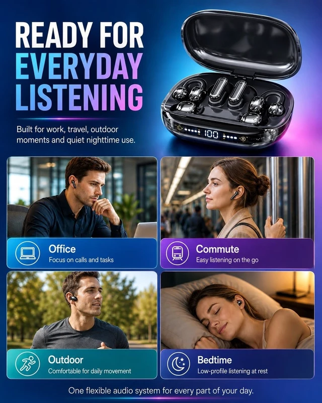 Alt view image 4 of 7 - 6-in-1 Smart Wireless Earbuds Open-Ear Clip-On & Mini Sleep Headphones | Bluetooth 6.0 Dual Chip with Case AI ENC Noise Cancellation 3D Spatial Surround Sound LED Display for Workout Travel(Black)