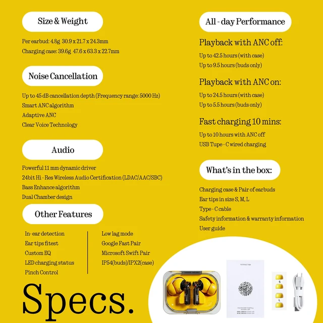 Alt view image 5 of 5 - Ear (a) Wireless Earbuds, 45dB Hybrid Noise Cancelling Earbuds, Hi-Res Audio, Advanced Equaliser, Dual Connect, 6 Mics, 42.5H Playtime Ear Buds Wireless Bluetooth, Yellow