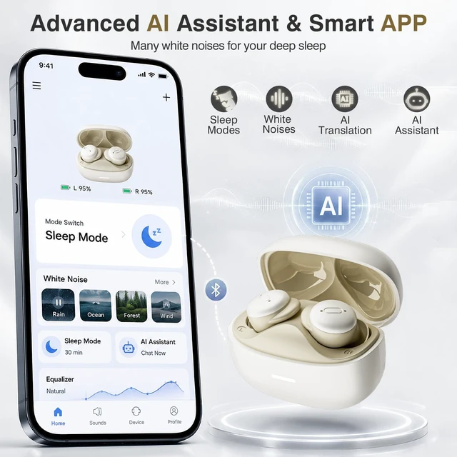 Alt view image 4 of 7 - Sleep Earbuds for Side Sleepers with White Noise & Sleep Mode, ANC Noise Canceling Headphones for Sleeping, Ultra-Long Battery Mini Invisible Earbuds, Bluetooth 6.0 with Translation Function, Black
