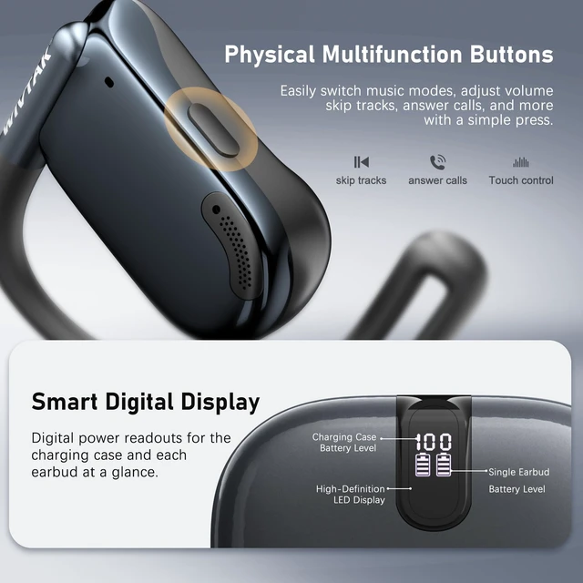 Alt view image 6 of 7 - Wireless Earbuds, Open-Ear Sports Bluetooth Headphones, Acoustic Chamber Audio, ANC Call Noise Reduction, Smart Digital Display Charging Case, IPX5 Water Resistant, for Cycling Work