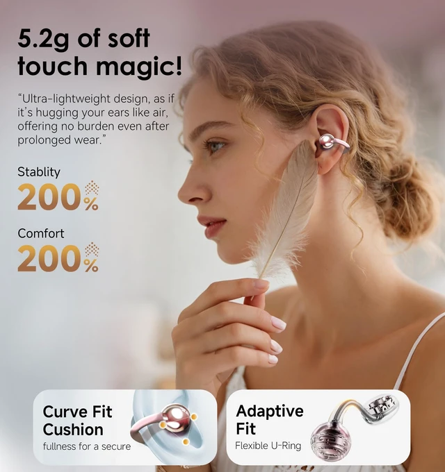 Alt view image 5 of 7 - Clip-On Earbuds Gen 3, Open-Ear Wireless Bluetooth 6.0 Headphones with Mic, Secure Fit for Small Ears & Glasses Wearers, 50H Playtime, ENC, IPX5 Waterproof Sport Ear Buds (Pink)