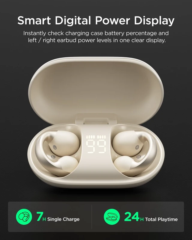 Alt view image 4 of 7 - Open Ear Earbuds, Clip-On Design, Wireless Bluetooth 6.0 X7, White | Ultra-Light 4.8g, Smart Digital Display, Clear Sound, Secure Fit for Travel/Yoga/Sports, IPX4 Water Resistant, Touch Control