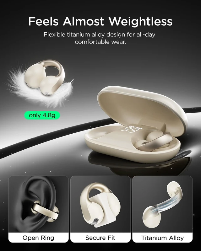 Alt view image 3 of 7 - Open Ear Earbuds, Clip-On Design, Wireless Bluetooth 6.0 X7, White | Ultra-Light 4.8g, Smart Digital Display, Clear Sound, Secure Fit for Travel/Yoga/Sports, IPX4 Water Resistant, Touch Control