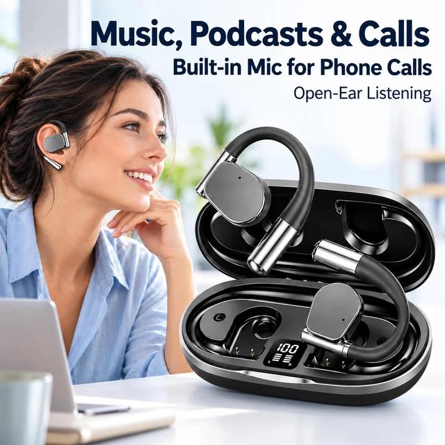 Alt view image 5 of 7 - Open-Ear Wireless Earbuds, Bluetooth 5.4, 75H Playtime, Running & Work | Running & Work Use, Open-Ear Design, 75H Battery Life, Bluetooth 5.4, Wireless, Noise cancellation,Waterproof