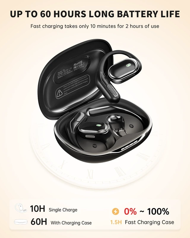 Alt view image 4 of 7 - Open Ear Headphones, Over Ear Earbuds with Ear Hooks for Workouts | Wireless Earbuds Bluetooth 5.4 for Running, Rich Bass, Hi-Res Audio with Mics, AI Clear Calls, IPX7 Waterproof, 60H Playtime
