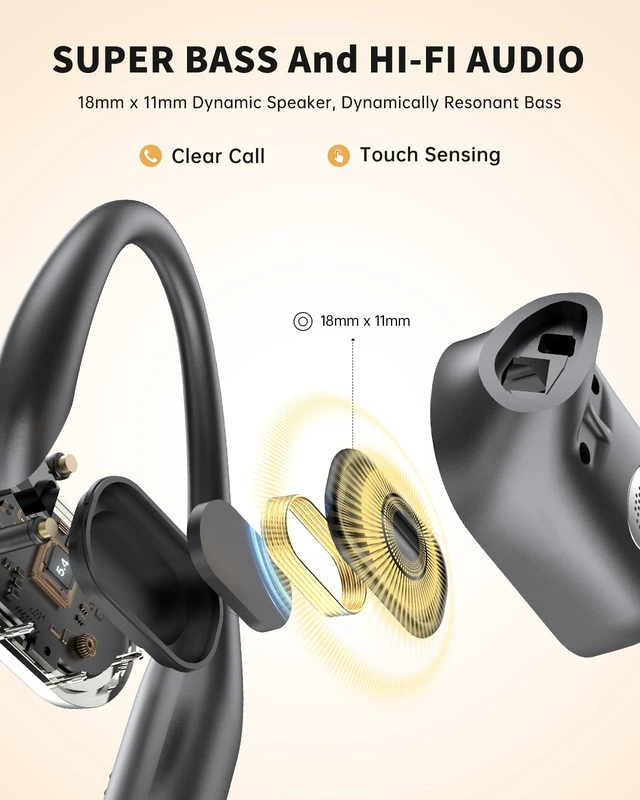 Alt view image 6 of 7 - Open Ear Headphones, Over Ear Earbuds with Ear Hooks for Workouts | Wireless Earbuds Bluetooth 5.4 for Running, Rich Bass, Hi-Res Audio with Mics, AI Clear Calls, IPX7 Waterproof, 60H Playtime