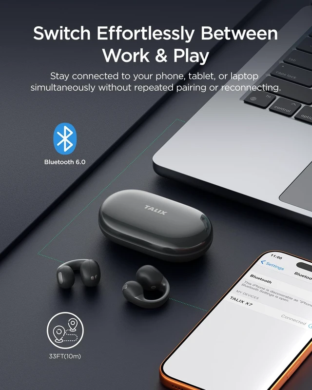 Alt view image 6 of 7 - Open Ear Earbuds, Clip-On Design, Wireless Bluetooth 6.0 X7, Black | Ultra-Light 4.8g, Smart Digital Display, Clear Sound, Secure Fit for Travel/Yoga/Sports, IPX4 Water Resistant, Touch Control