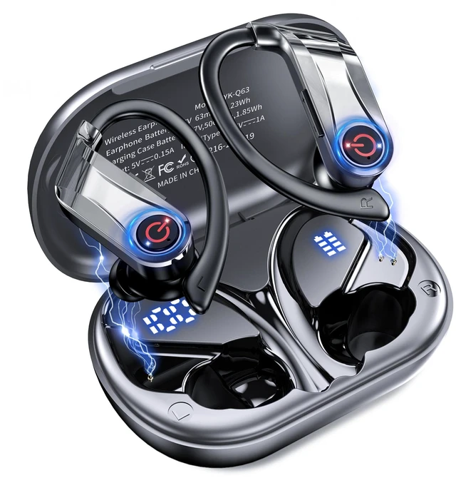 Main image of Bluetooth 6.1 Headphones True Wireless Earbuds 120hrs Playtime Wireless Charging Case, Digital Display Sports Ear Buds with Earhook Hi-Res Audio Clear Calls Earphones IPX7 Waterproof for Running Gym