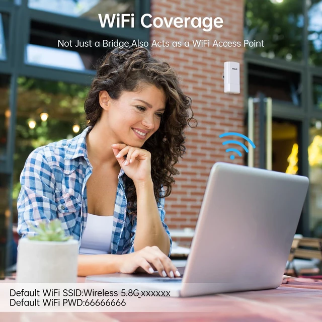 Alt view image 4 of 7 - Wireless Bridge, 5.8G 100Mbps 2KM Point to Point WiFi Bridge | Long Range Outdoor CPE with 2x100Mbps LAN Ports, 24V PoE Injector, Ideal for Barn, Garage, or Shop Network Extension