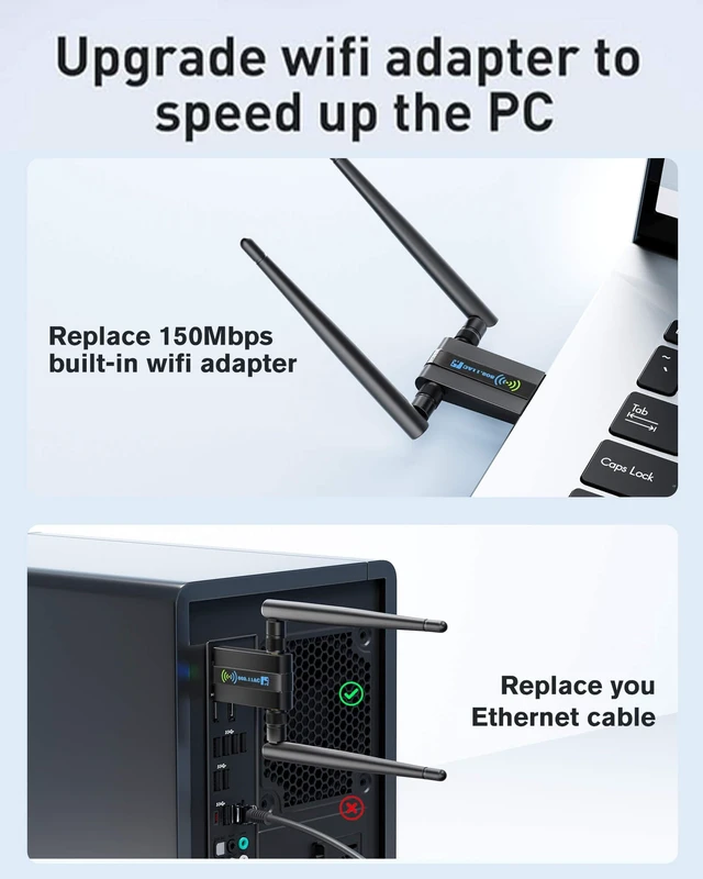 Alt view image 4 of 7 - USB WiFi Adapter for Desktop PC,AC1300Mbps Dual Band 5dBi Antennas | AC1300Mbps dual band | 867Mbps 5GHz + 400Mbps 2.4GHz | 2x 5dBi antennas | USB 3.0 | MU-MIMO | WPA3 | Plug & Play for Win11/10