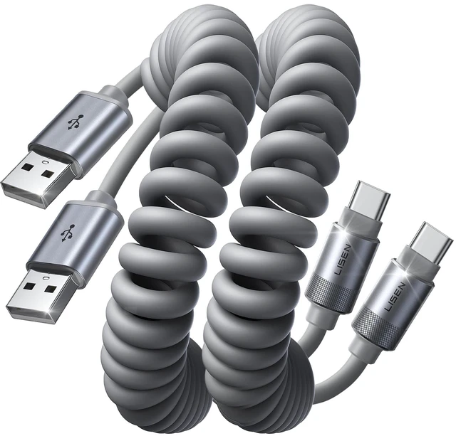 Main image of Coiled USB C Cable, USB A to USB C Cable 2 Pack Type C Charger Cord | for iPhone 18 Pro Max Duo Car Android Auto & CarPlay Cord for Home, Office for Samsung Galaxy S25/S24, Gray Short 4FT