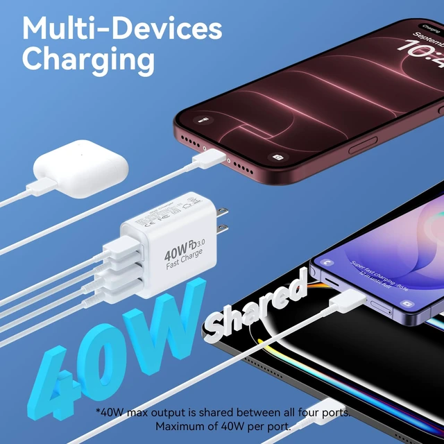 Alt view image 3 of 7 - USB C Charger Block Multiple Ports Wall Charger Fast Phone Charging Blocks | 40W 4-Ports Power Cube USB Plug USB A+USBC Charger Brick Box for iPhone 18/17/16/15/14/13 Pro Max, iPad, Galaxy, Pixel