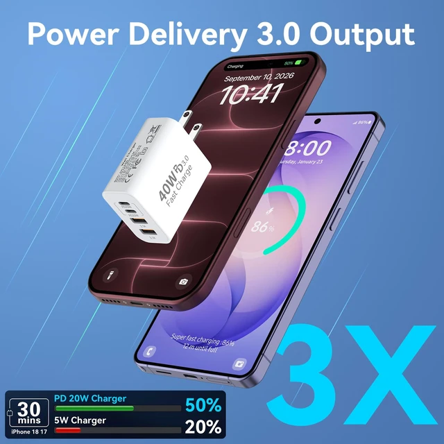 Alt view image 4 of 7 - USB C Charger Block Multiple Ports Wall Charger Fast Phone Charging Blocks | 40W 4-Ports Power Cube USB Plug USB A+USBC Charger Brick Box for iPhone 18/17/16/15/14/13 Pro Max, iPad, Galaxy, Pixel