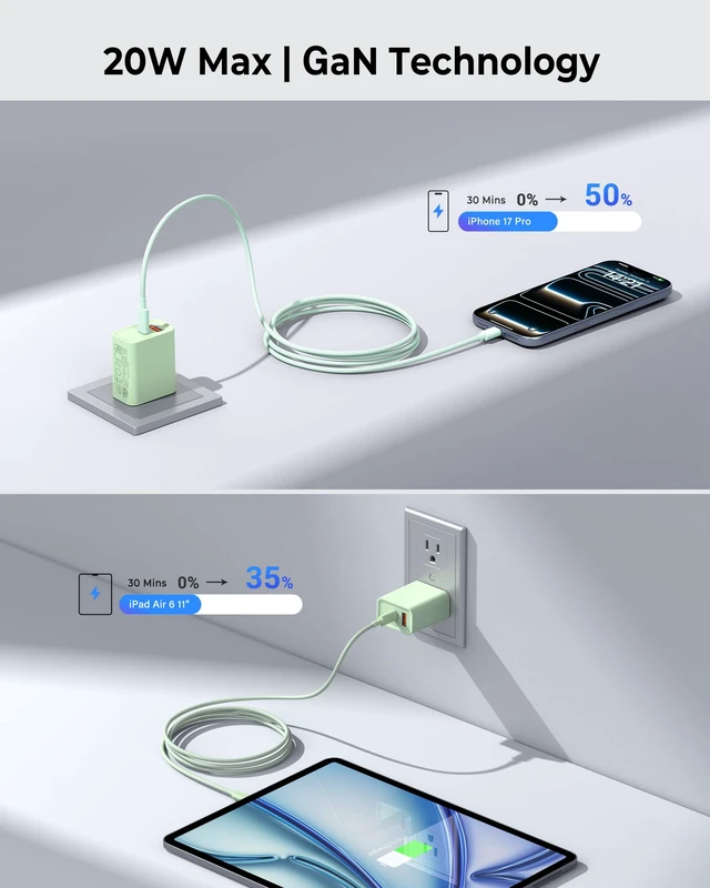 Alt view image 3 of 7 - USB C Wall Charger, 3Pcs 20W PD + QC USBC Charger Block Super Fast Power Output Rapid Charging Box Wall Plug Cube for Phone 16/17, Samsung Galaxy S24, Motorola, LG, Google Pixel 6Pro, Mint Green