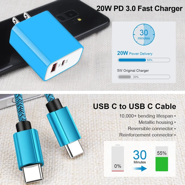 Alt view image 4 of 7 - USB C Wall Charger, 20W Dual Port Fast Charging Block Android Phone Charger | Type C Charging Cable for Samsung Galaxy A17 A16 5G A15 A54 A14 A53 A13 S25 S24 S23, Google Pixel 10a 10 Pro XL 9a