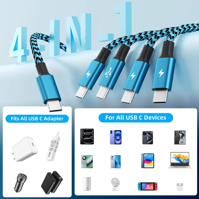 Alt view image 2 of 7 - Travel USB C 4 in 1 Charging Cords,Four Type C Ports Mulit Charging Cable | Universal Charging Cables for All Devices,Travle Charger Cord for iPhone Series/Galaxy/Tablets/PS,Blue