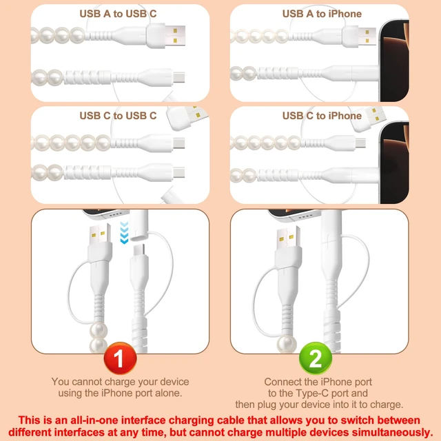 Alt view image 4 of 7 - USB C Cable 6FT 4 in 1 Multi Charging Beaded iPhone Charger Cord | Pearl Phone Charger Cord with USB A/Type C to Type C/Light-ning Fast Charger Cable for iPhone 17 16 15 14, for Galaxy S25 S24